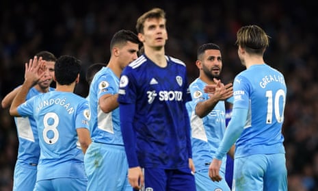 Manchester City’s Riyad Mahrez (second right) celebrates their side’s fourth goal.