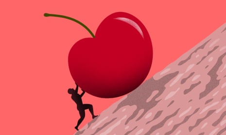 Illustration of male figure pushing a cherry