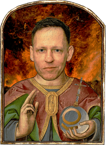 An illustration of Peter Thiel in a religious frame.