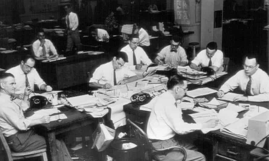 Men in the newsroom of the the Kansas City Star in Kansas City, Missouri, in an undated photo.