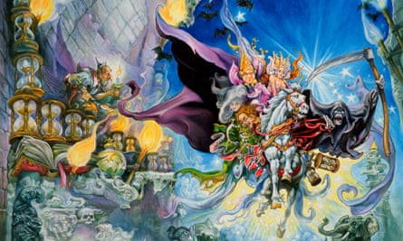 Kirby’s fantasy cover art for one of Pratchett’s Mort books featuring hourglasses, a shapely woman with a wizard on the back of a panicked galloping horse, a grim reaper and other characters