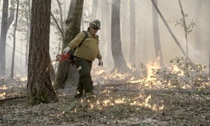 Joe Jerry conducts a prescribed burn using a drip torch. Prescribed burns may have cultural objectives, but they tend to be planned primarily for clearing the leaves, brush and small trees that fuel large wildfires.