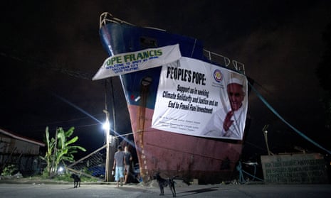 A ship’s banner welcomes Pope Francis in the Philippines in January 2015. Pope Francis is set to spend an emotional day in the Philippines on January 17 with survivors of a catastrophic super typhoon that claimed thousands of lives, highlighting his concern over climate change.