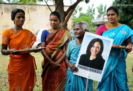 Women gather to celebrate the victory of Vice President-elect Kamala Harris near the village of Thulasendrapuram, where Harris’s maternal grandfather was born in November 2020.