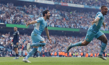 Ilkay Gündogan (left) and Gabriel Jesus go wild after the German’s second goal completes a final-day turnaround against Aston Villa