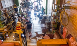 Young woman with greyhound inside Recyclo Bike-Cafe in Malaga, Andalusia, Spain.