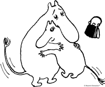 A drawing of two Moomins hugging