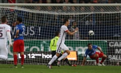 Paris Saint-Germain’s forward Ángel Di María turns in celebration after scoring against Caen