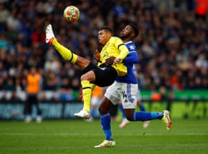 Chelsea’s Thiago Silva clears from Leicester City’s Kelechi Iheanacho.