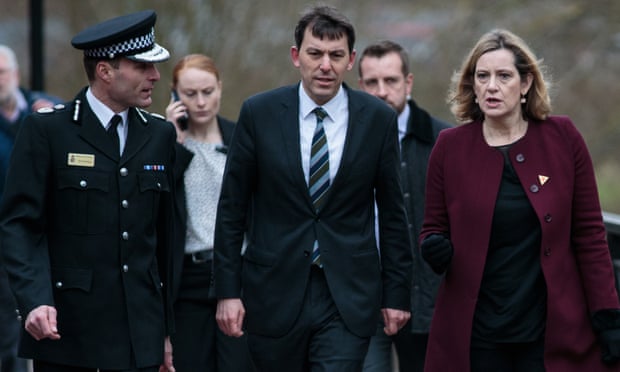 John Glen (centre) in Salisbury with then home secretary Amber Rudd and Kier Pritchard, Wiltshire police chief constable.