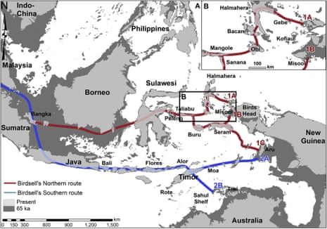 The two main possible routes used by the first humans to reach Australia were identified by Joseph Birdsell in 1977.