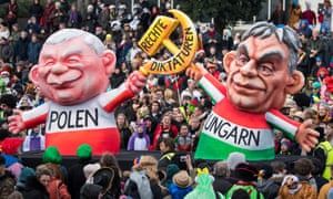 A satirical float features the Polish and Hungarian politicians JarosÅaw KaczyÅski and Viktor Orbán during a parade in Dusseldorf, Germany