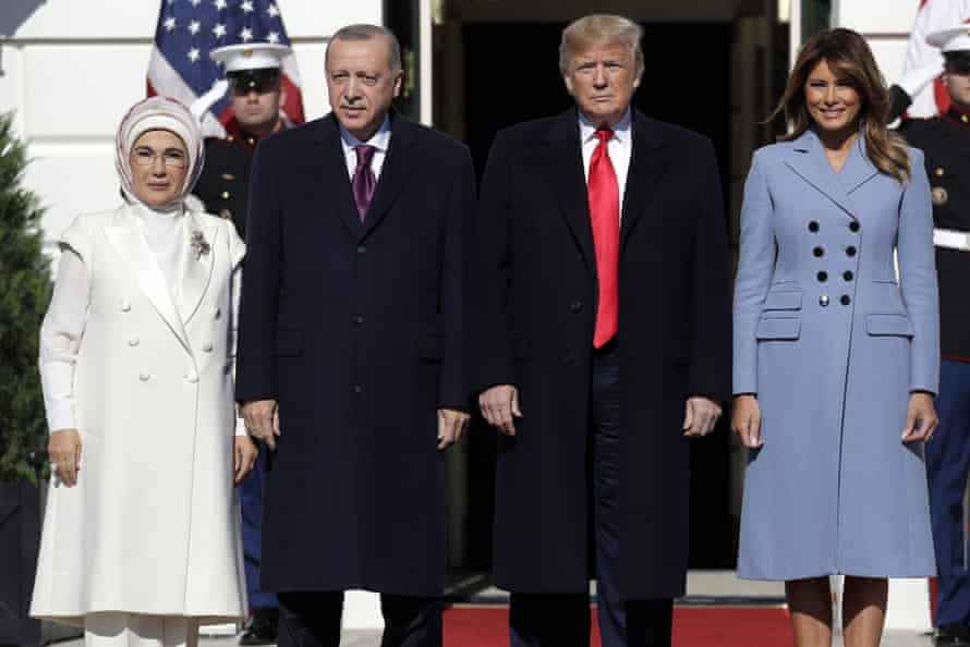 President Donald Trump and first lady Melania Trump welcome Turkish President Recep Tayyip Erdogan and his wife Emine Erdogan to the White House.