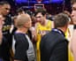 Lakers guard Austin Reaves talks with referee John Goble after their loss to the Thunder in Thursday night’s Game 2.