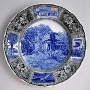 New American Scenery, Ghost Gardens of Detroit No 1/3, 2021. Transfer print collage on pearlware plate