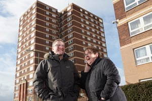 Photographer Richard Billingham, with Benefits Street reality TV star ‘White Dee’ Kelly, in front of Addenbrooke Court tower block, Cradley Heath, Birmingham, where he grew up. Billingham spoke to the New Review about the film he has made of his life which features Dee as his mother