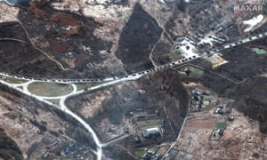 A satellite image taken by the US company Maxar, which it says shows part of a 40-mile-long Russian military convoy assembled north-west of Kyiv, the capital of Ukraine.