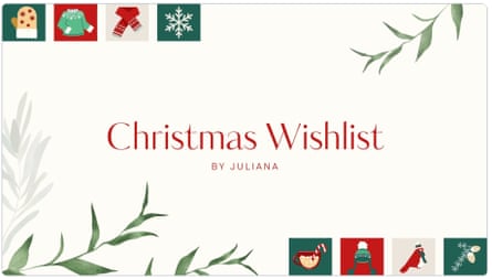 Screenshot of a Green and Red Illustrative Christmas wishlist presentation on Canva by Saga Design Studio. Wednesday 10th Dec, 2025.