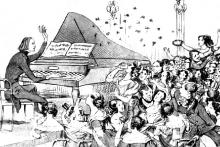 An 1842 caricature (by Theodor Hosemann) of Franz Liszt giving a concert in Berlin.