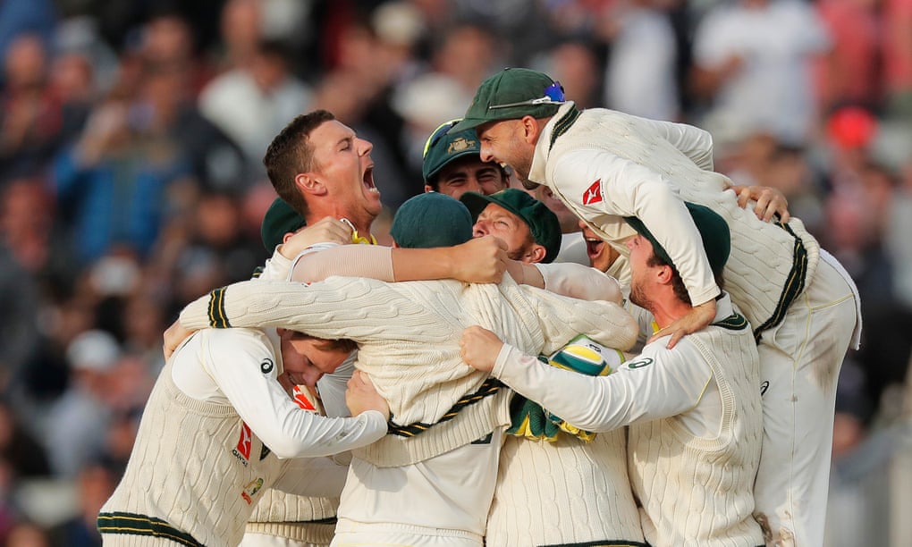 The Australia celebrations begin after the third umpire confirmed that Josh Hazlewood had trapped Craig Overton lbw to end England’s resistance and retain the Ashes.