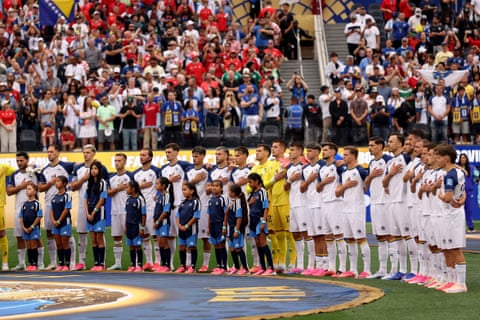 Bosnia and Herzegovina players standing for the national anthem before the Group B match against Switzerland in Los Angeles.
