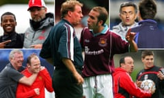 (Clockwise from top left) Jürgen Klopp with Georginio Wijnaldum, Harry Redknapp with Paolo Di Canio, José Mourinho with John Terry, Rafael Benítez with Steven Gerrard, and Alex Ferguson with Wayne Rooney.