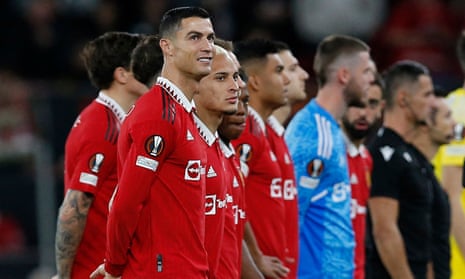 A wry grin from Cristiano Ronaldo as he lines up amongst Manchester United’s starting XI.