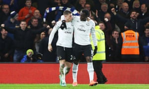 Ross Barkley, left, celebrates after opening the scoring with team-mate Romelu Lukaku who later scored Everton’s second goal.
