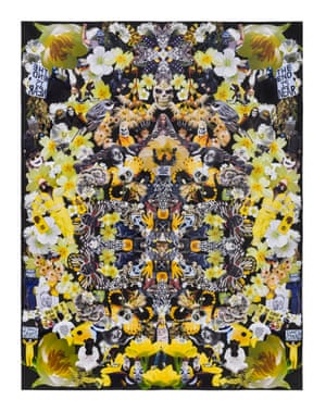 A collage of mostly yellow and black images, almost like a bee hive if you glanced at the image, which include yellow flowers, butterflies, people in masks, grim reaper outfits, people holding signs of protest and warning 'the end is near'.
