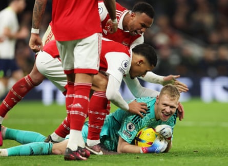 Aaron Ramsdale, the Arsenal goalkeeper, winks after making a save against Tottenham Hotspur