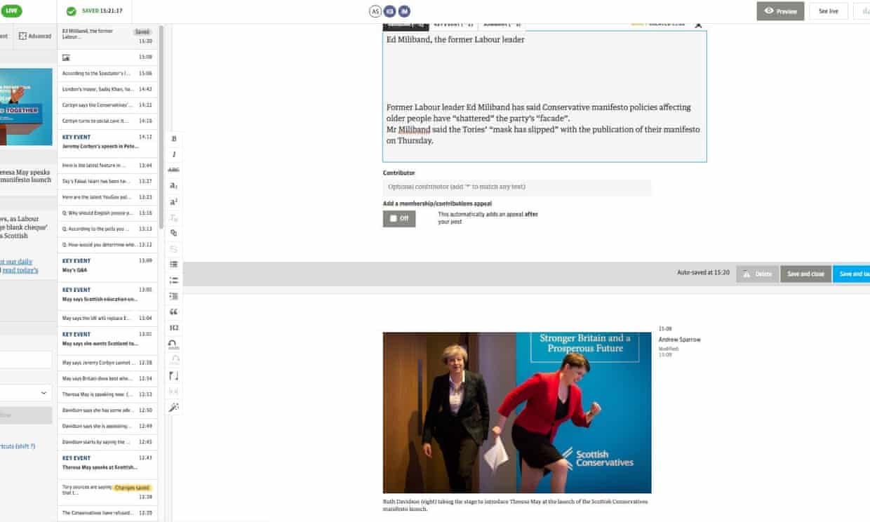 A live blog being edited in the new tool