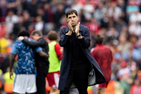 Andoni Iraola, manager of Liverpool, applauds the fans