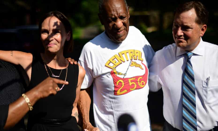 Bill Cosby outside his home after Pennsylvania’s highest court overturned his sexual assault conviction and ordered him released from prison immediately, in Elkins Park. Left is lawyer Jennifer Bonjean.