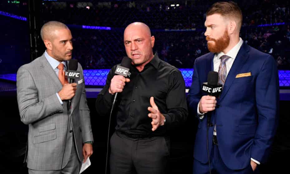 Joe Rogan, center, at work as a UFC commentator in Las Vegas in January.
