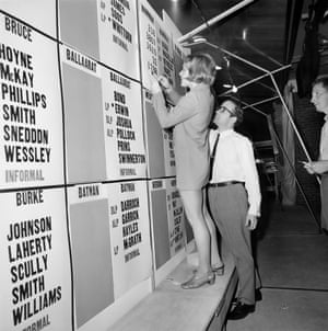 Australian Electoral Commission staff manually update the figures on the tally board in the 1970 Senate election