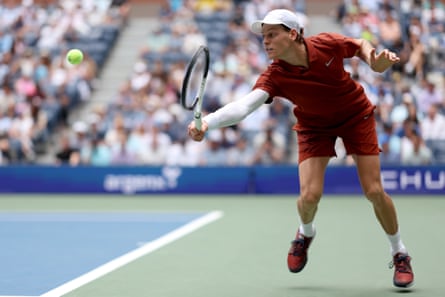 Jannik Sinner has his eyes on the ball as he hits a backhand at the US Open.