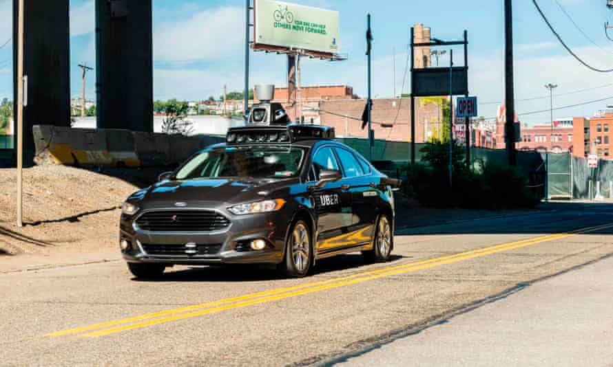 An Uber self-driving car travels in Pittsburgh, Pennsylvania.