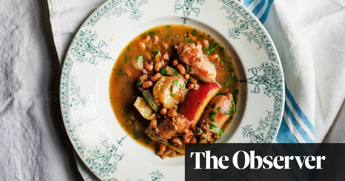 Nigel Slater's recipes for sausages and black-eyed beans, and mint frozen yoghurt
