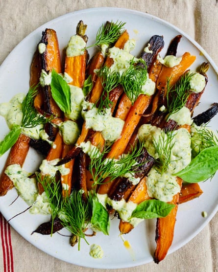 ‘The mild tartness of the crème fraîche contrasts with the sweetness of the roasted carrots’: carrots with basil cream.