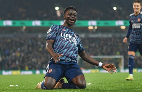 Bukayo Saka celebrates his second goal – Arsenal’s third – as his side cantered to victory at Carrow Road.
