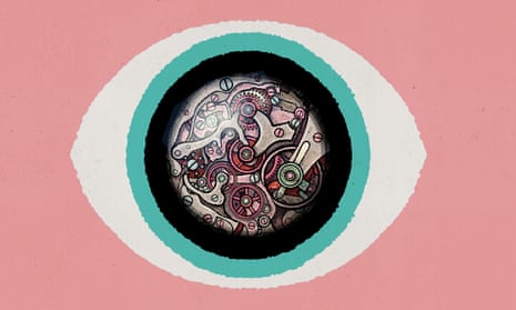 Illustration by David Foldvari of an eye with a mechanical watch inside the pupil.