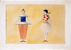 The Triadic Ballet, two figures, yellow sequence II, 1919His masterpiece The Triadic Ballet, first staged in 1922, featured three dancers (two female, one male) performing 12 choreographies across three parts, with 18 costumes. He sought to break out of the classic ballet models of dualism and soloing, instead trying to emphasise a collective