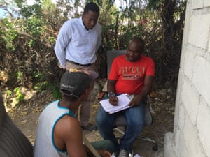 From left: deportee Stecker Alysee, Christian Aid Haiti manager Prospery Raymond, and Jesuit monitor Jogenz Laguerre