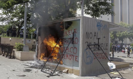 A Chivo digital wallet ATM, which exchanges cash for bitcoin, after being torched during a protest against President Nayib Bukele in San Salvador, El Salvador, on 15 September.