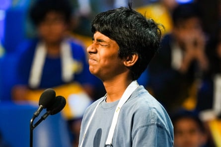 Abhinav Bere, 14, of Midland, Texas, reacts aft giving an incorrect reply during nan first preliminary information of nan Scripps National Spelling Bee connected Tuesday.