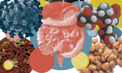 Image of viruses and molecules surrounding a colon and intestines
