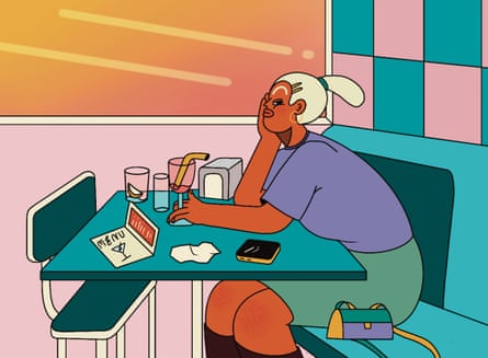 Illustration showing woman in cafe waiting for friend to arrive