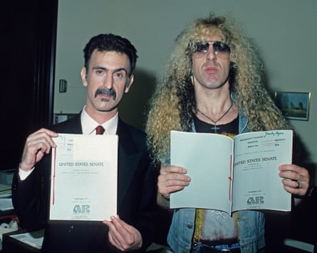Rock in a hard place … Frank Zappa, left, and Twisted Sister’s Dee Snider hold up papers relating to the 1985 PMRC senate hearing at Capitol Hill.