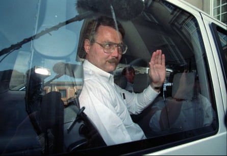 Gary Lauck leaves the Copenhagen supreme court in August 1995.
