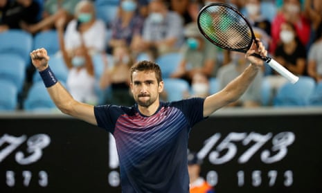 Marin Cilic celebrates after eliminating the No 5 seed, Andrey Rublev, in four sets.